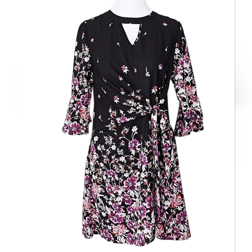 New SMUKKE Dress Girls  Multicolor Black/ Purple Floral Keyhole Neck NWT Sz 14